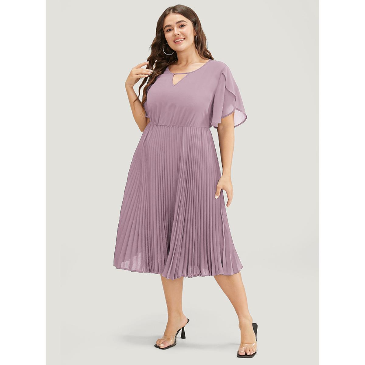 Plus Size Solid Keyhole Split Chiffon Petal Sleeve Pleated Hem Dress Mauve Women Office Plain V-neck Short sleeve Curvy Midi Dress BloomChic 22-24/3X Product Image