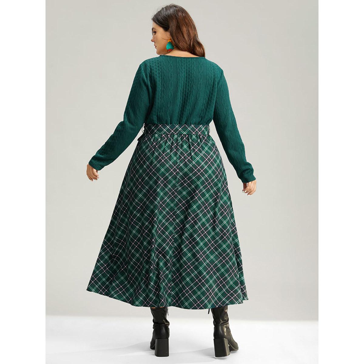 Plus Size Christmas Plaid Wrap Belted Cable Knit Dress Emerald Women Office Texture Overlap Collar Long Sleeve Curvy Midi Dress BloomChic 12/L Product Image