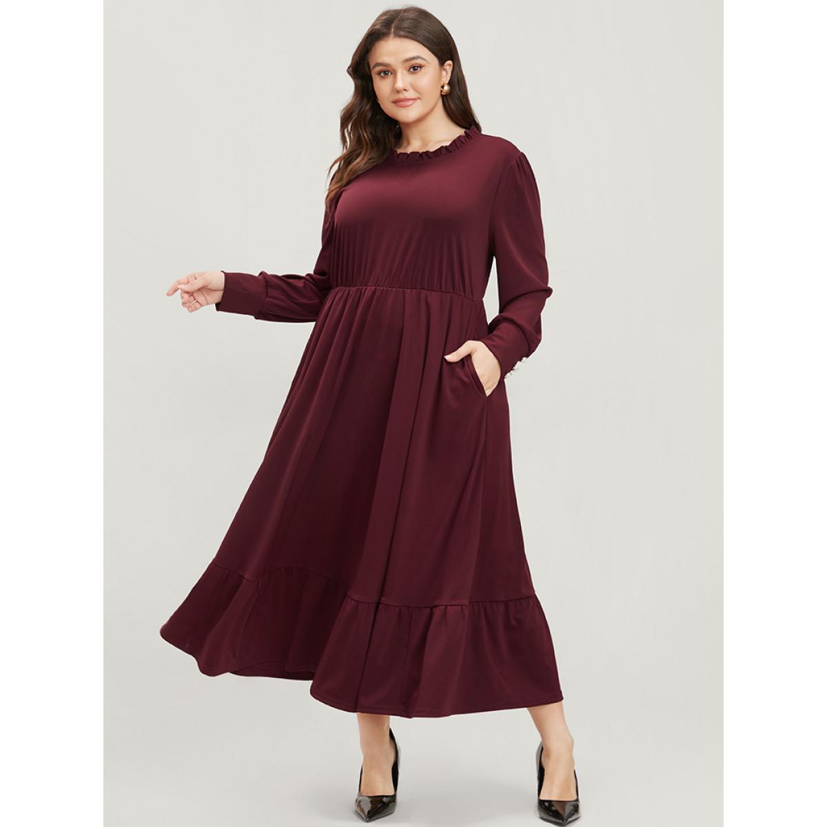 Plus Size Solid Pearl Beaded Frill Trim Lantern Sleeve Flutter Dress Burgundy Women Elegant Round Neck Long Sleeve Curvy Midi Dress BloomChic 30/6X Product Image