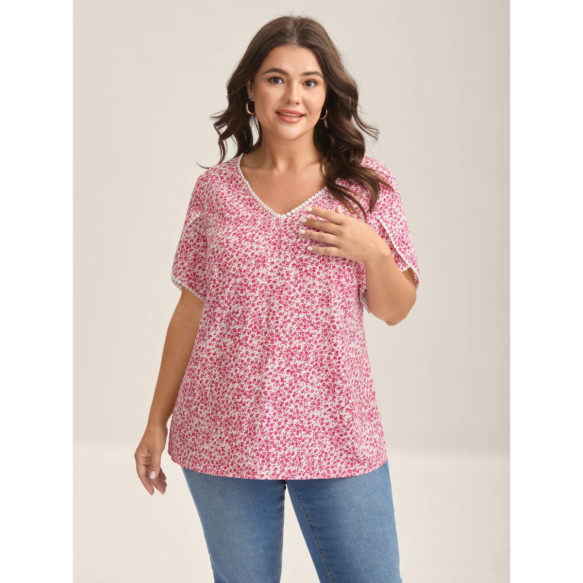 Plus Size WhiteSmoke Petal Sleeve Floral Lace Spliced Shirt Women Romantic Short sleeve V-neck Elegant Blouses BloomChic 12/L Product Image