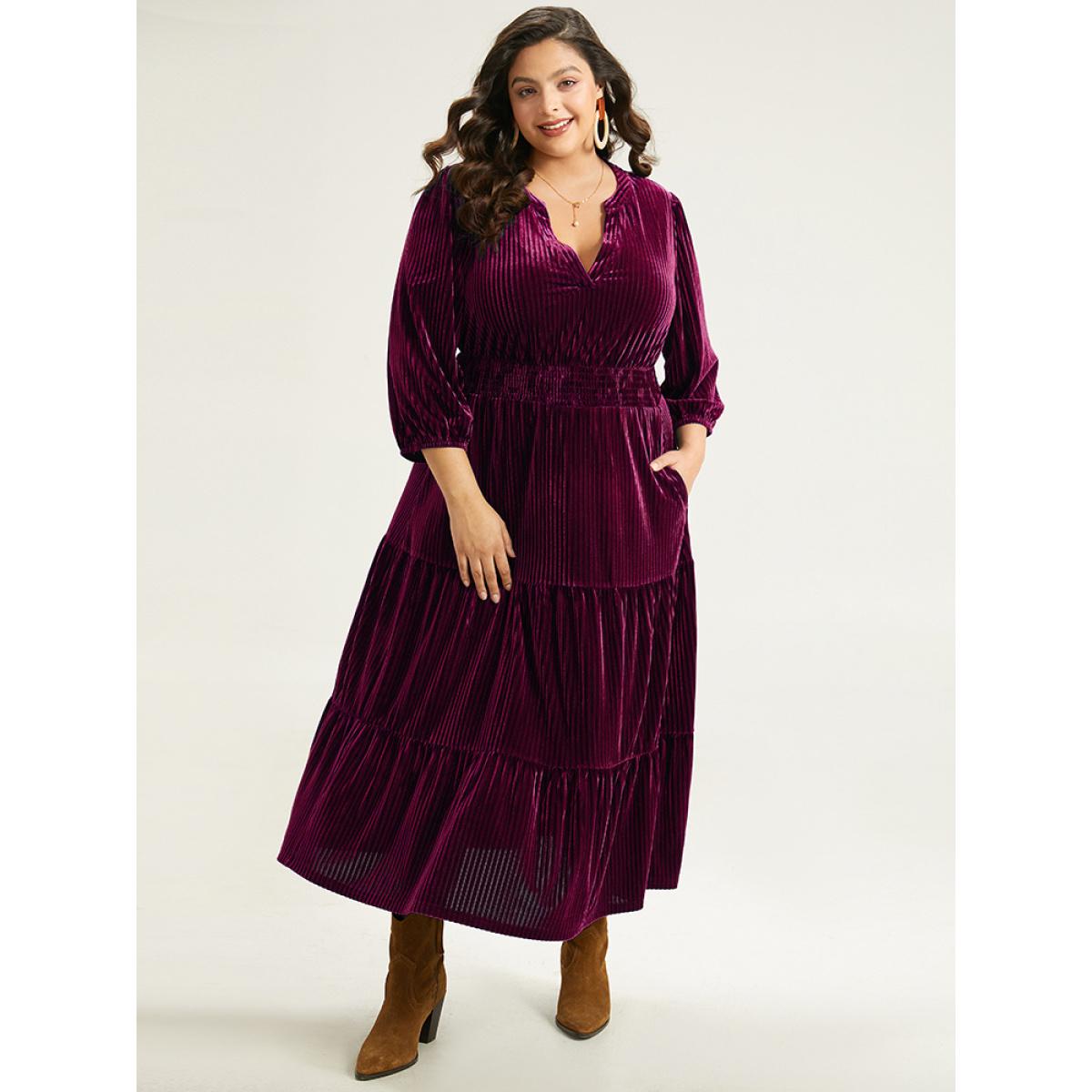 Plus Size Velvet Shirred Pocket Notched Dress Black Women Elegant Elastic cuffs Notched collar Elbow-length sleeve Curvy Midi Dress BloomChic 10/M Product Image