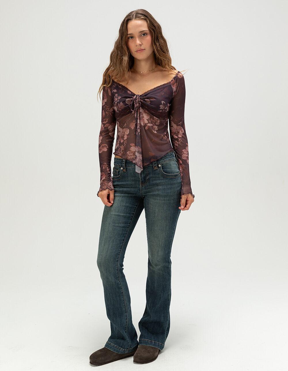 FULL TILT Floral Mesh Womens Hanky Top - BURGUNDY Product Image