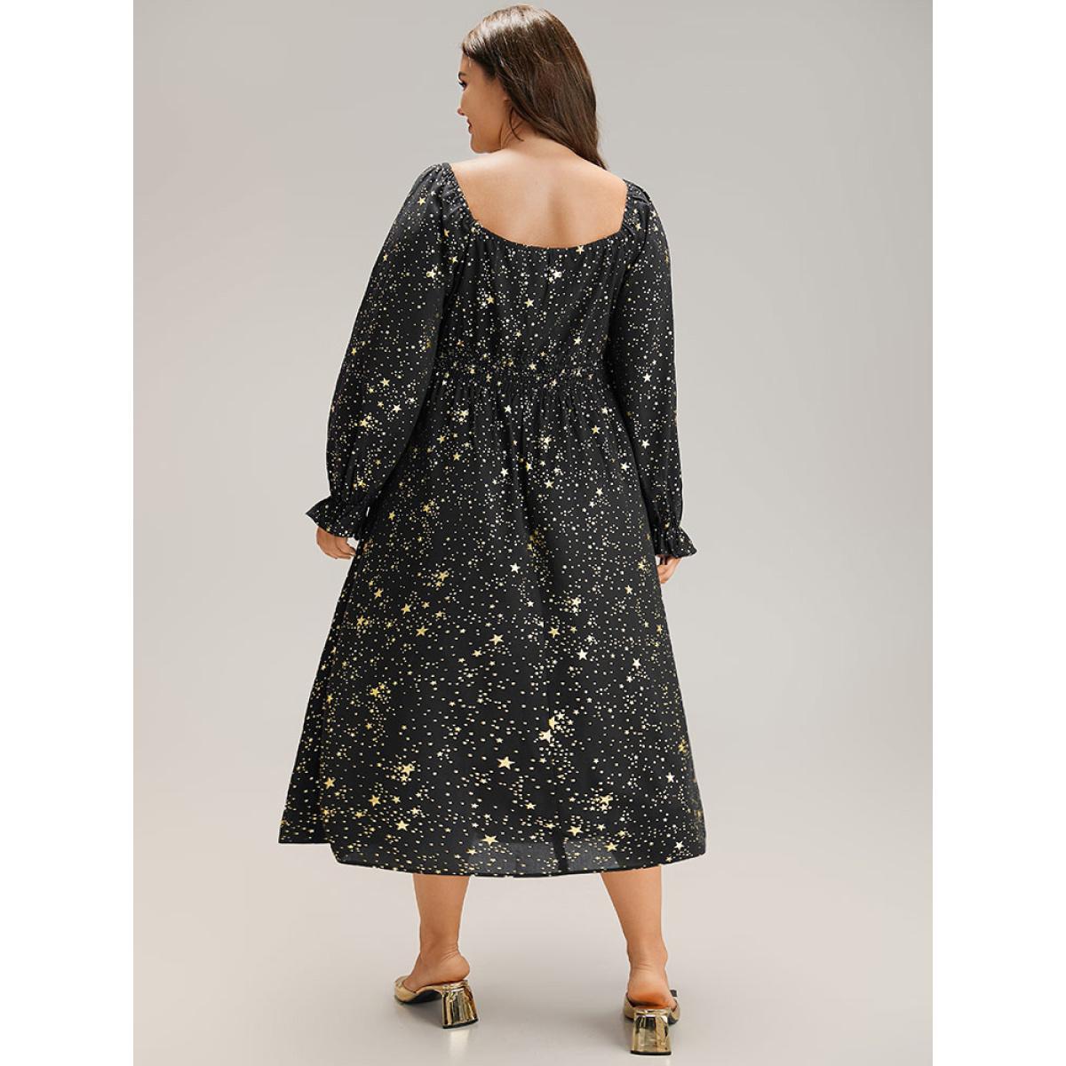 Plus Size Glitter Star Knot Neck Pocket Lantern Sleeve Dress Black Women Party Elastic cuffs Tie Neck Long Sleeve Curvy Midi Dress BloomChic 14-16/1X Product Image