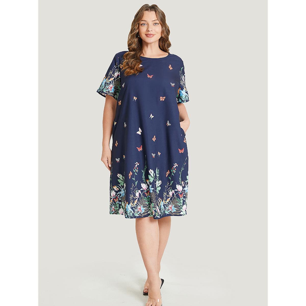 Plus Size Butterfly & Floral Round Neck Print Pocket Knee Dress Indigo Women Vacation Pocket Round Neck Short sleeve Curvy Knee Dress BloomChic 22-24/3X Product Image