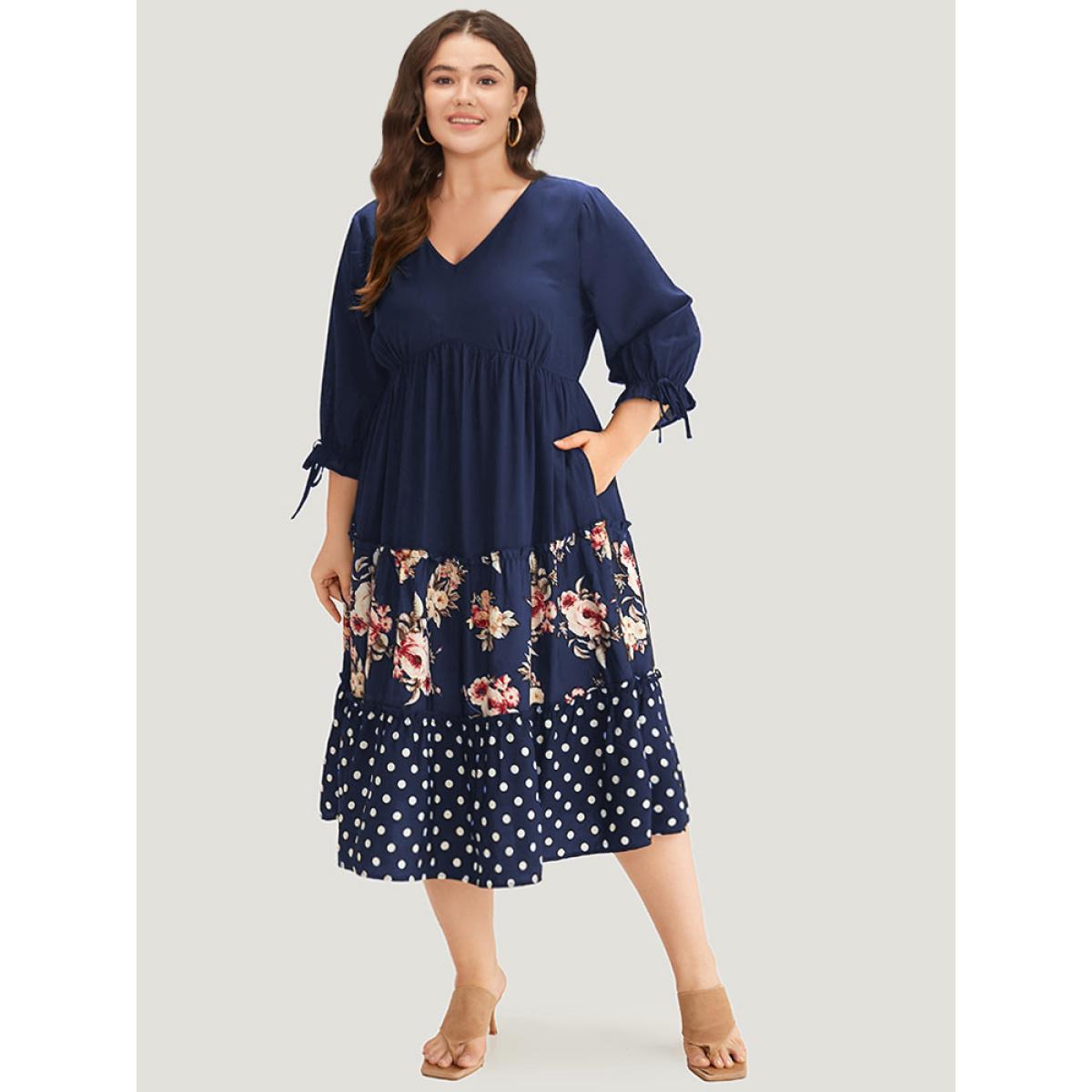 Plus Size Polka Dot Patchwork Floral Knot Pocket Lantern Sleeve Dress Indigo Women Casual Elastic cuffs V-neck Elbow-length sleeve Curvy Midi Dress BloomChic 28/5X Product Image