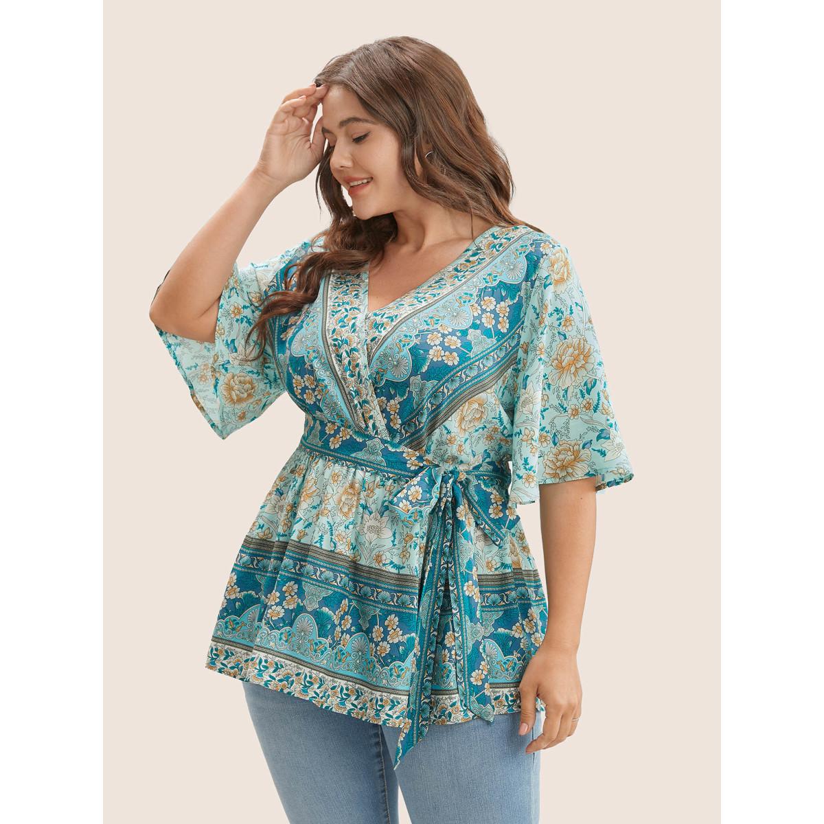 Plus Size Turquoise Floral Print Ruffles Belted Blouse Women Boho Half Sleeve V-neck Vacation Blouses BloomChic 10/M Product Image