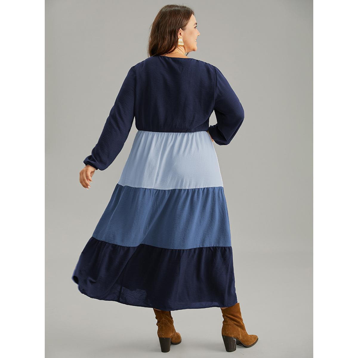 Plus Size Colorblock Patchwork Lantern Sleeve Button Detail Dress Blue Women Elegant Elastic cuffs V-neck Long Sleeve Curvy Midi Dress BloomChic 28/5X Product Image