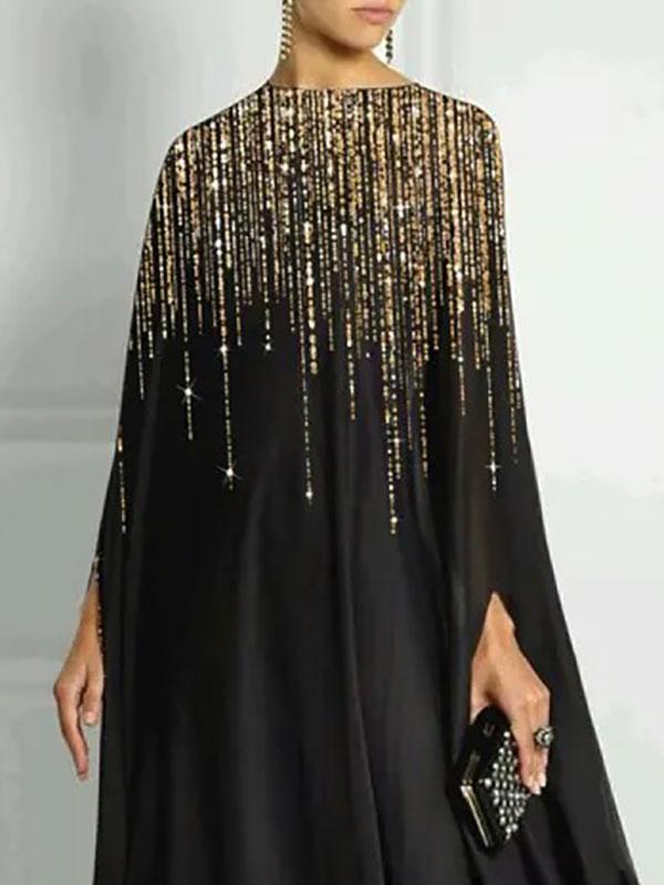 Long Sleeves Loose Rhinestone Round-Neck Maxi Dresses Product Image