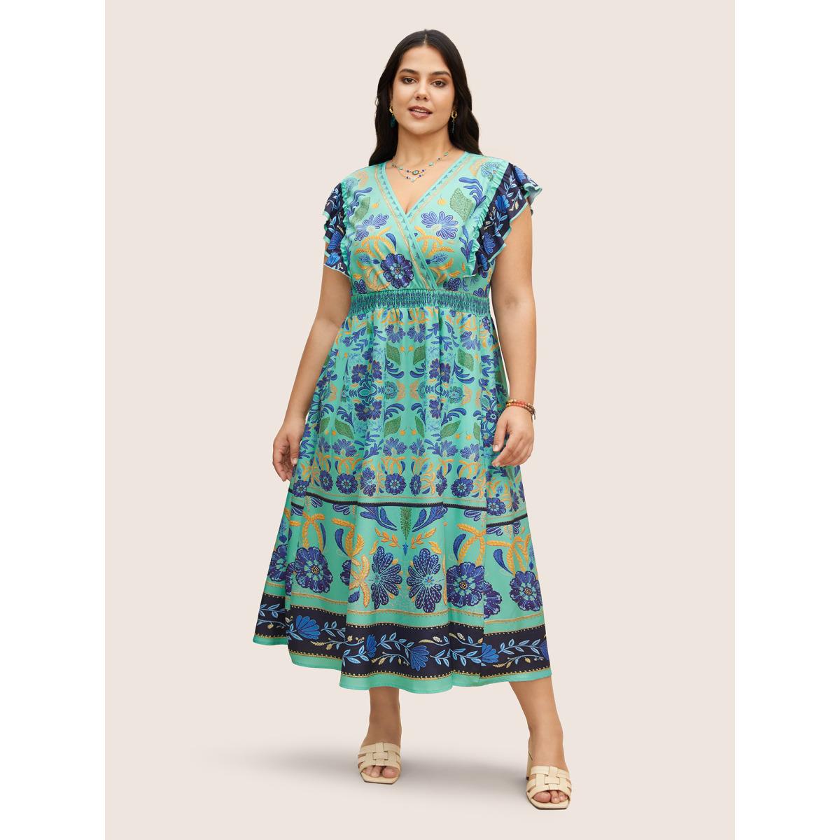 Plus Size Surplice Neck Boho Print Ruffles Shirred Dress Mint Women Resort Overlapping Overlap Collar Cap Sleeve Curvy BloomChic 22-24/3X Product Image