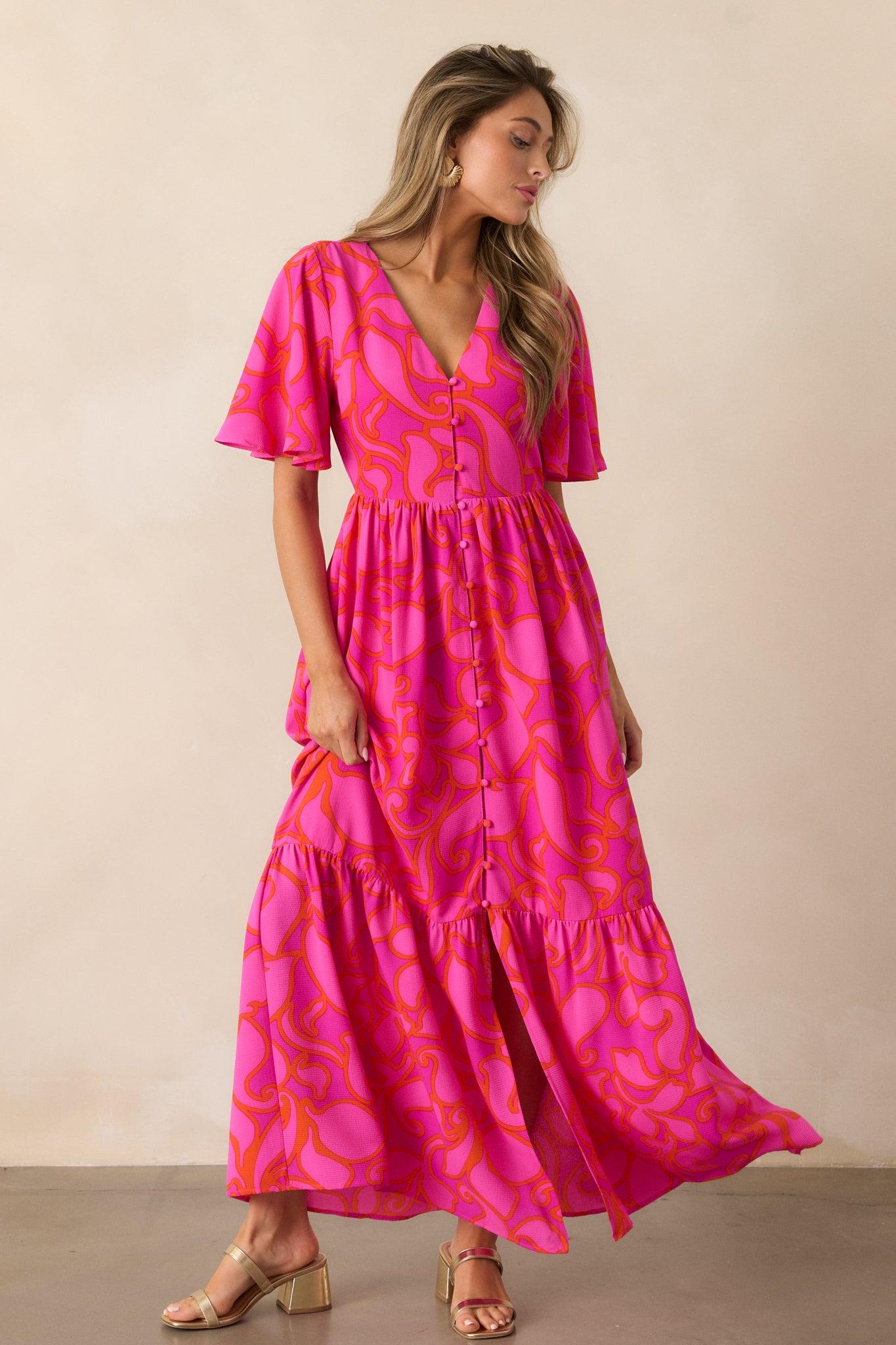 Budding Hearts Magenta Floral Button Front Maxi Dress Product Image