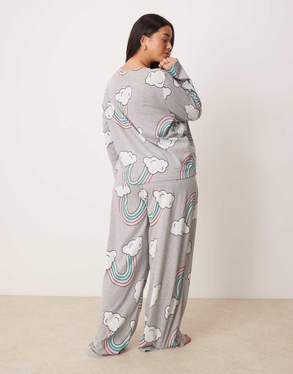 ASOS DESIGN Curve rainbow long sleeve top & pants pajama set in gray heather Product Image