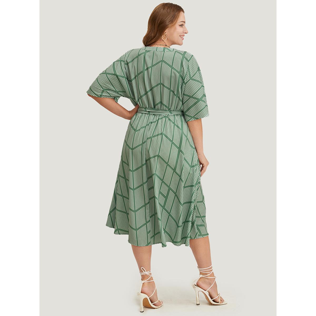 Plus Size Geometric Print Dolman Sleeve Pocket Belted Ruffles Dress Mint Women Office Cross straps V-neck Short sleeve Curvy Midi Dress BloomChic 28/5X Product Image