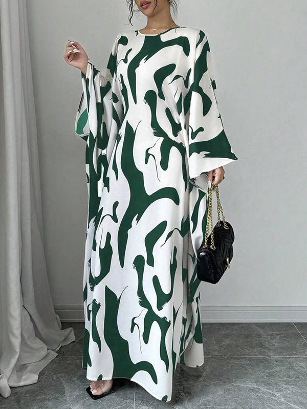 Batwing Sleeves Loose Contrast Color Printed Round-Neck Maxi Dresses Product Image