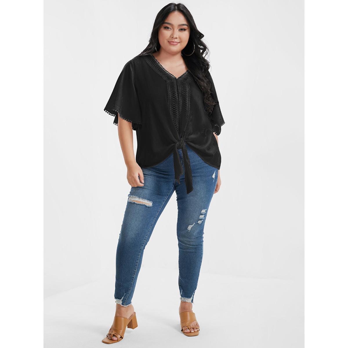 Plus Size Black Solid Ties Eyelet Lace Ruffled V Neck Blouse Women Elegant Short sleeve V-neck Dailywear Blouses BloomChic 30/6X Product Image