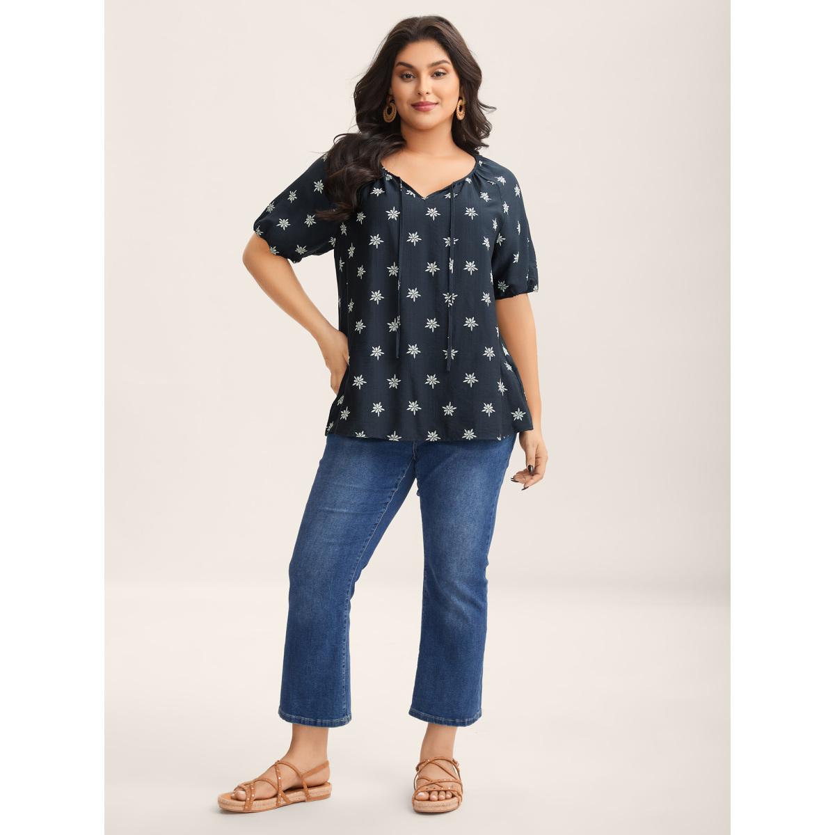 Plus Size Indigo Boho Print Keyhole Pleated Blouse Women Boho Half Sleeve V-neck Vacation Blouses BloomChic 22-24/3X Product Image