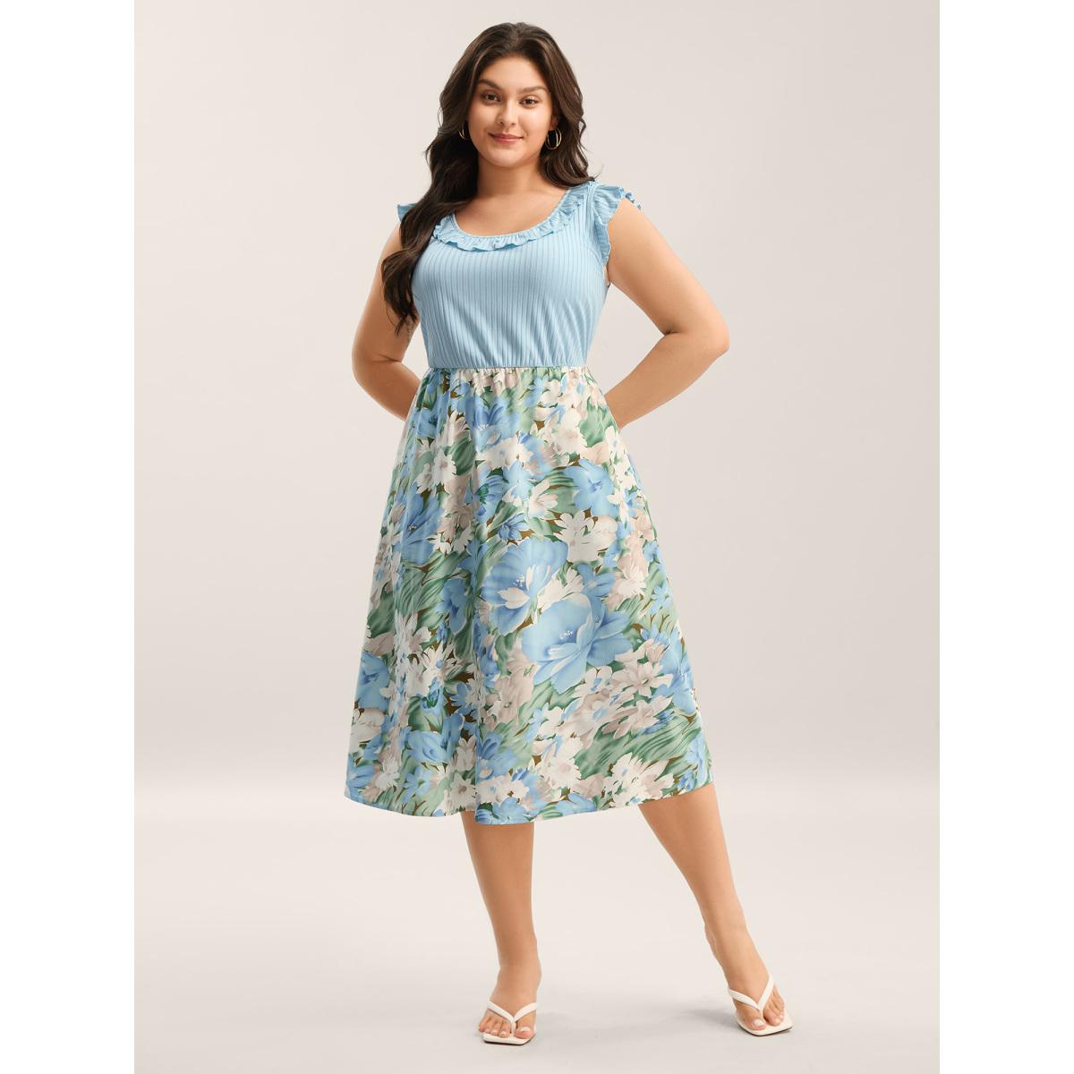 Plus Size Floral Print Ribbed Stretchy Waist Midi Dress LightBlue Women Round Neck Sleeveless Curvy BloomChic 12/L Product Image