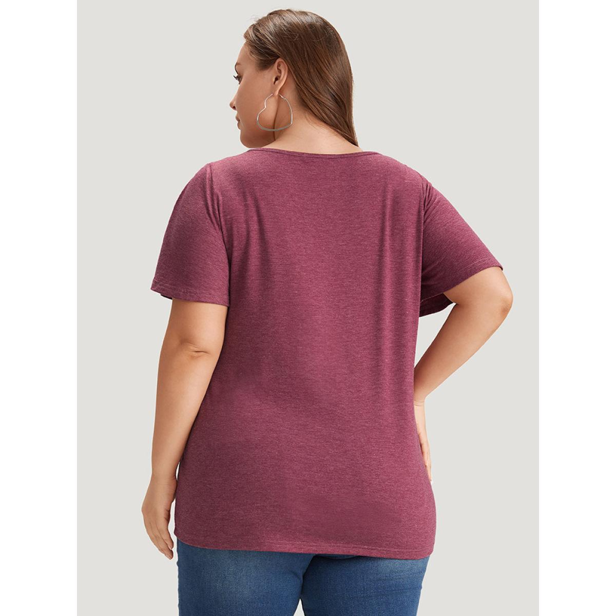 Plus Size Plain Ruffle Sleeve Heather Crisscross Neck T-shirt RedViolet Women Casual Heather Plain V-neck Dailywear T-shirts BloomChic 26/4X Product Image