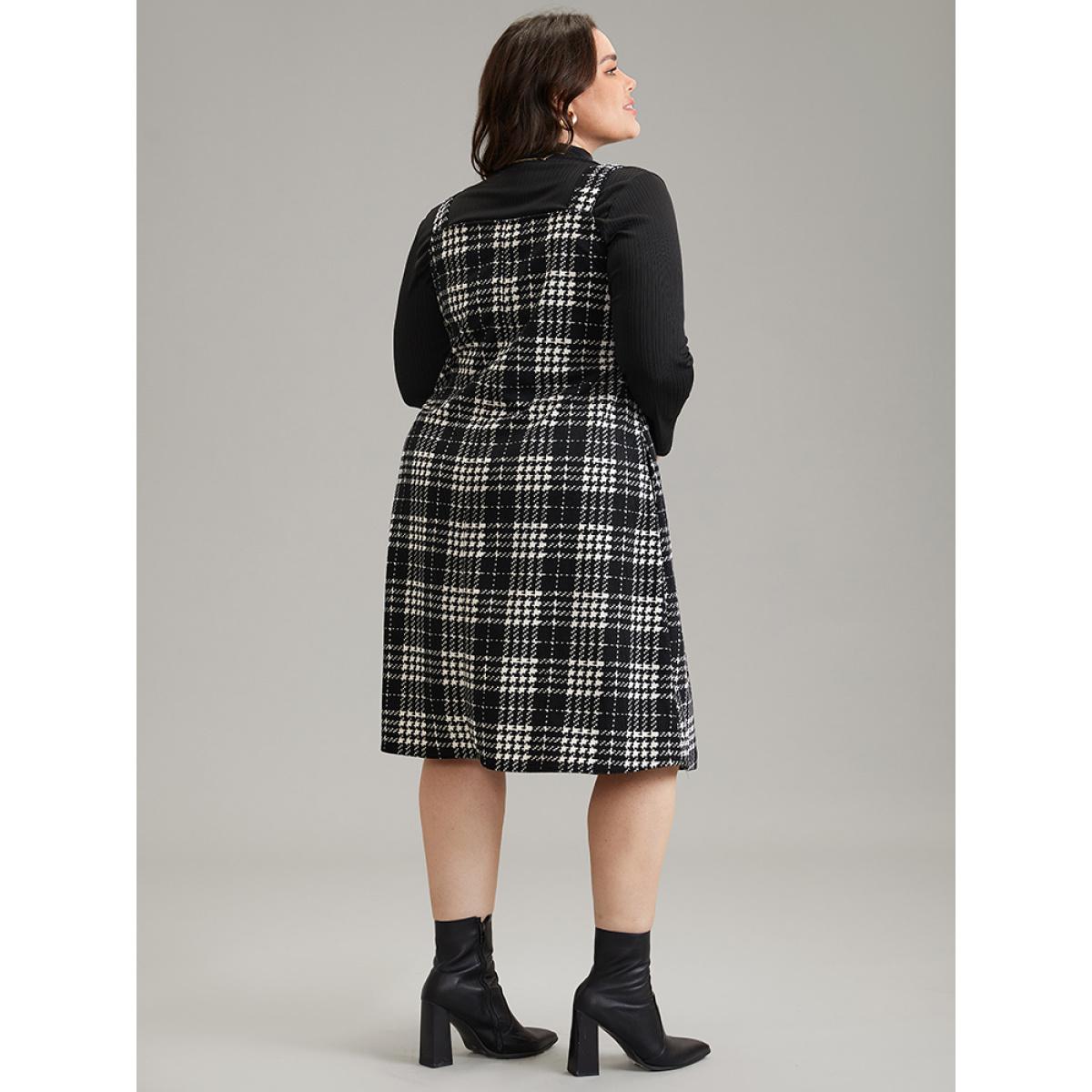 Plus Size Corduroy Plaid Pocket Cami Dress Black Women Elegant Printed Spaghetti Strap Sleeveless Curvy Midi Dress BloomChic 26/4X Product Image