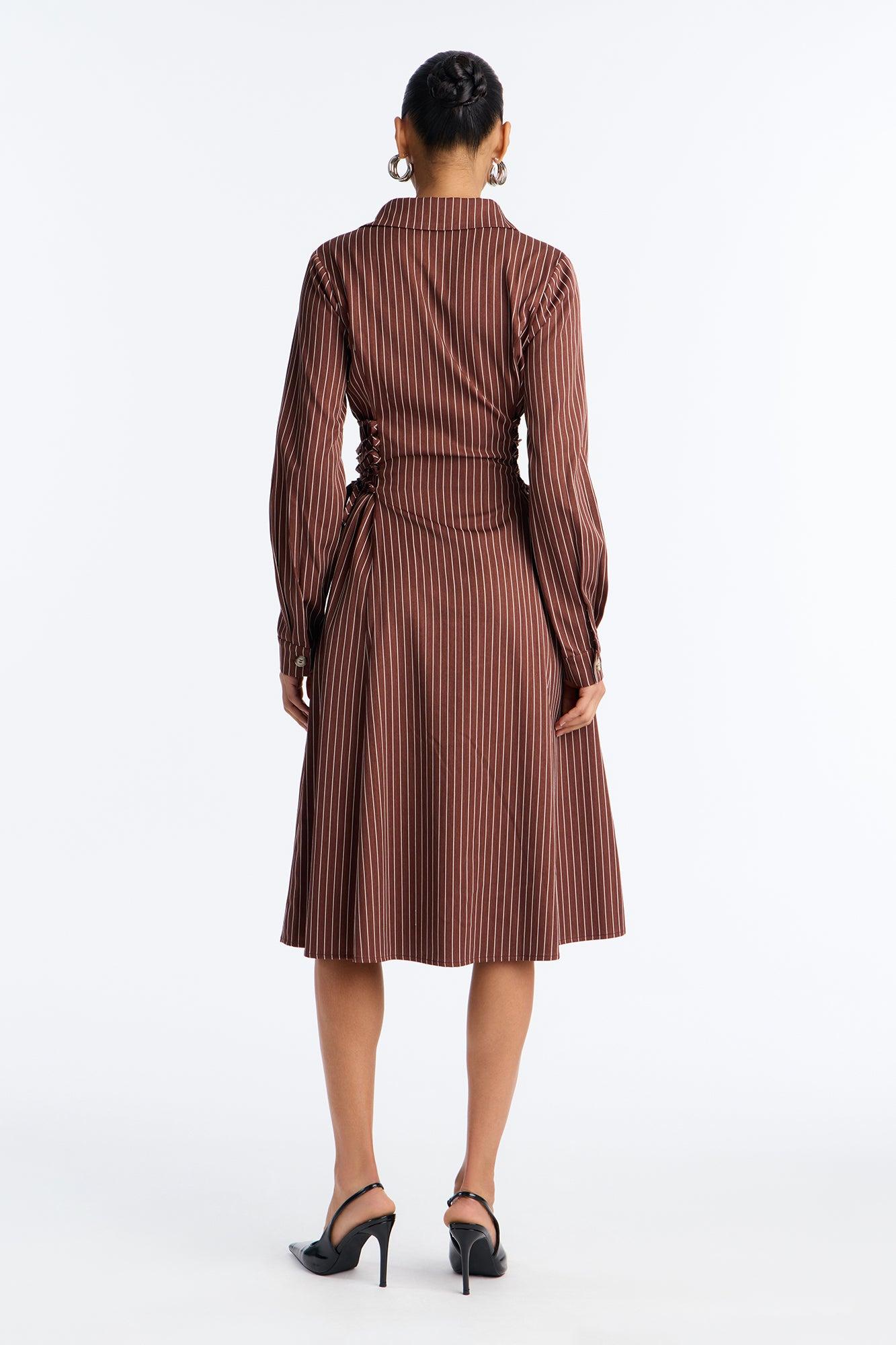 Veda Lace Up Pinstripe Midi Dress - Chocolate/Combo Female Product Image