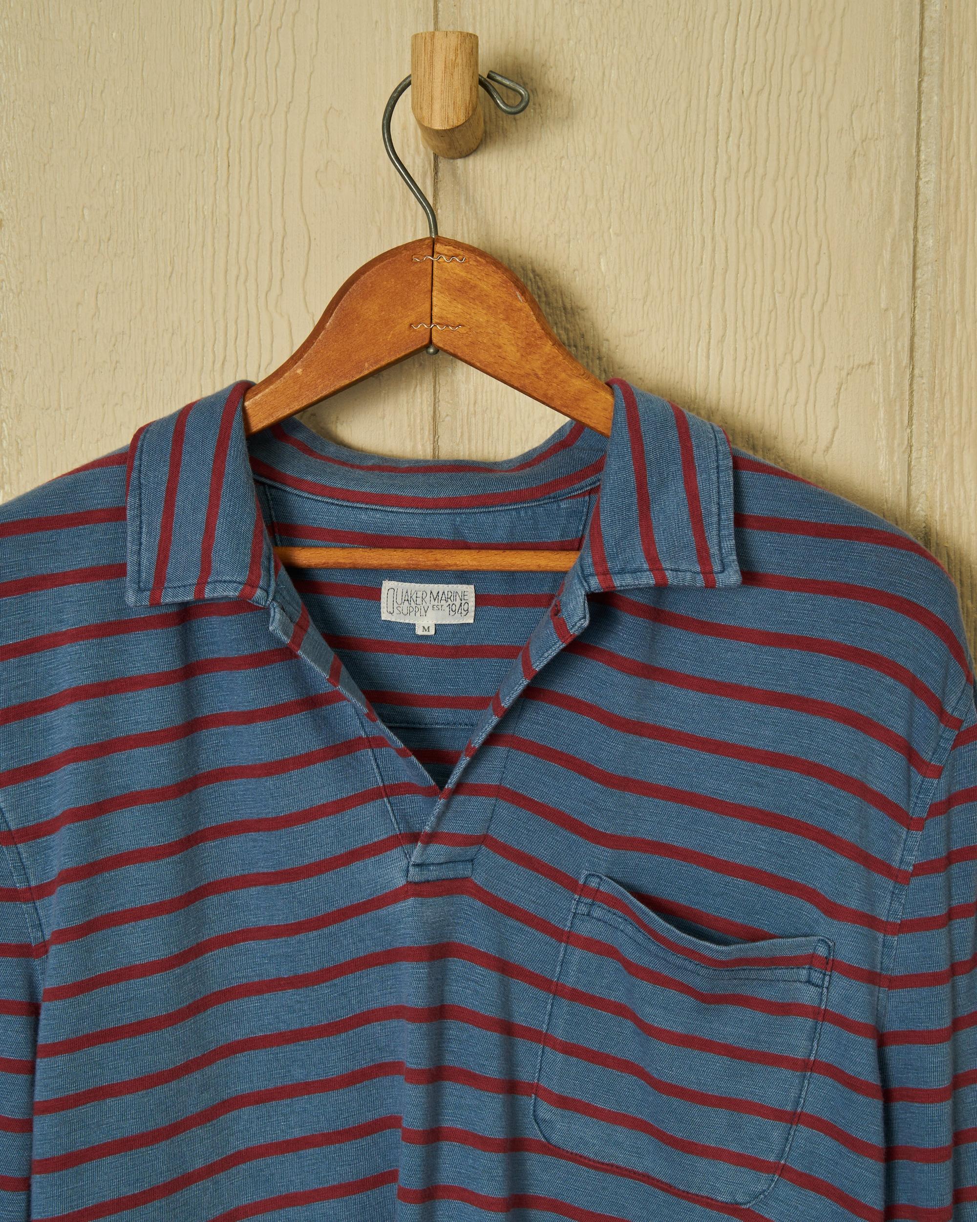 Long Sleeve Indigo Polo in 3/4" Red/Navy Stripe Product Image