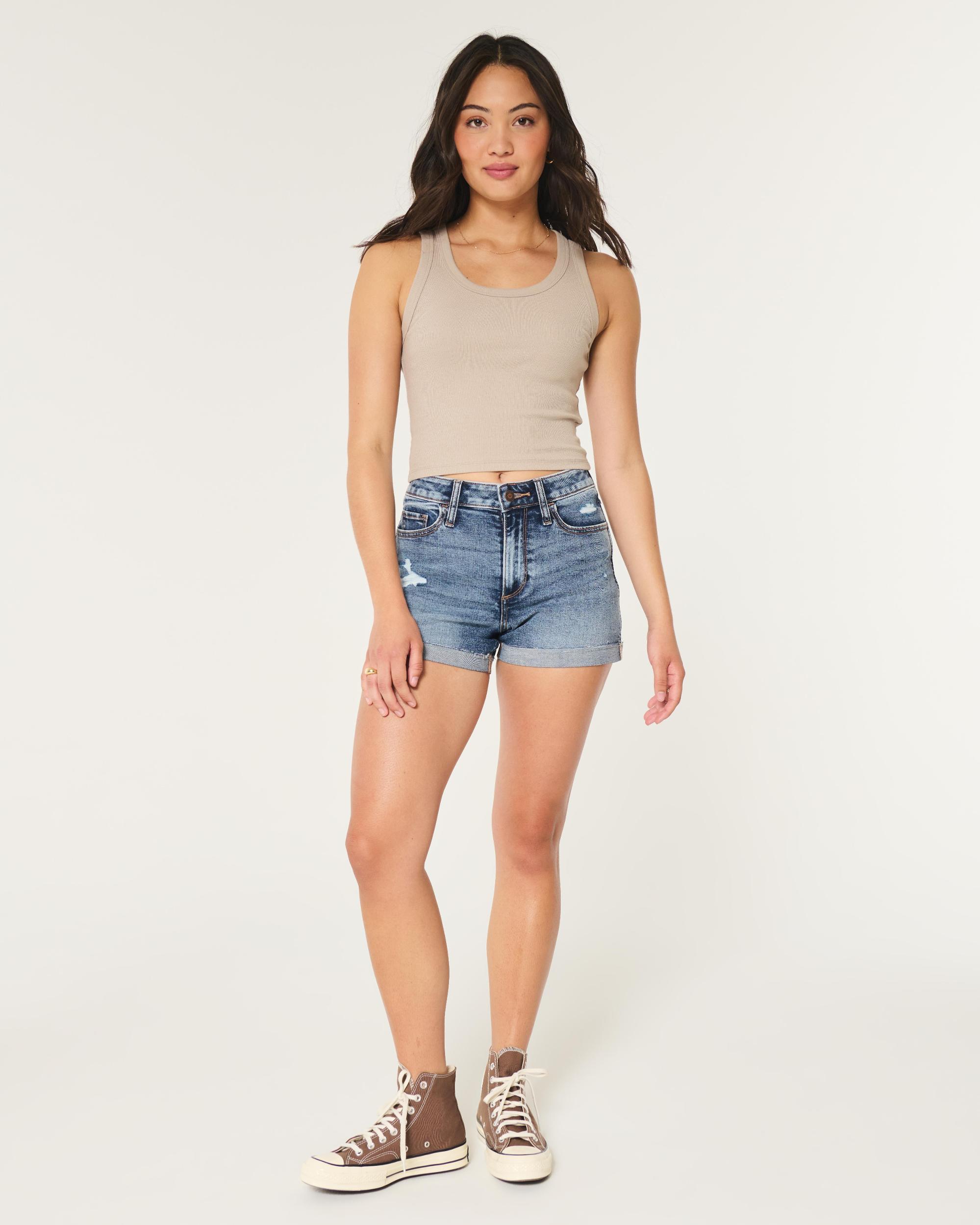 Curvy High-Rise Ripped Dark Wash Denim Shorts 3" Product Image