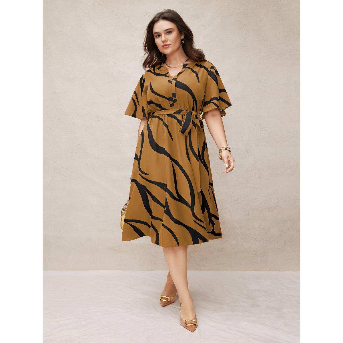 Plus Size Geometric Surplice Neck Tie Knot Midi Dress Wheat Women At the Office Belted Flat collar with V-notch Short sleeve Curvy BloomChic 18-20/2X Product Image