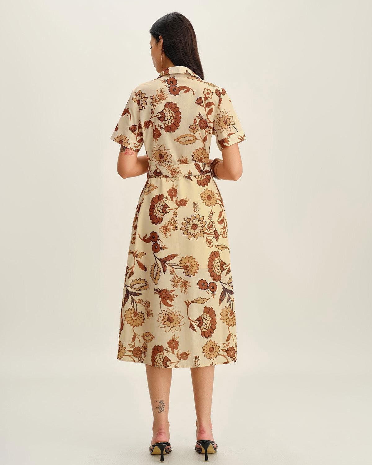 Brown Floral Belted Midi Dress Product Image