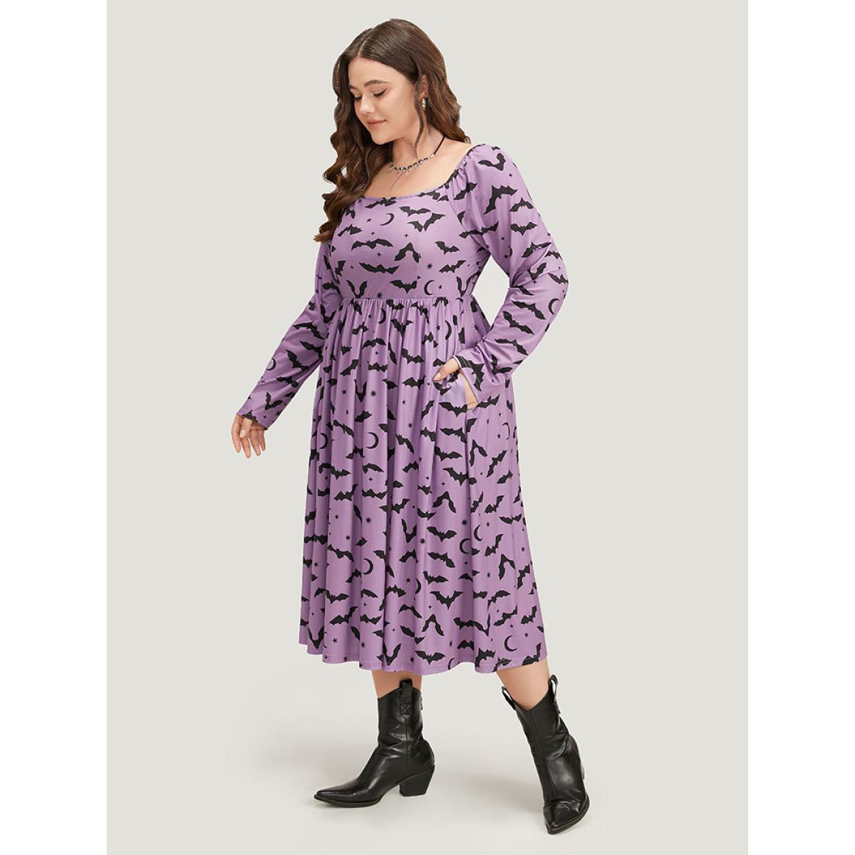 Plus Size Halloween Bat Print Pocket Square Neck Dress Mauve Women Casual Gathered Square Neck Long Sleeve Curvy Midi Dress BloomChic 26/4X Product Image