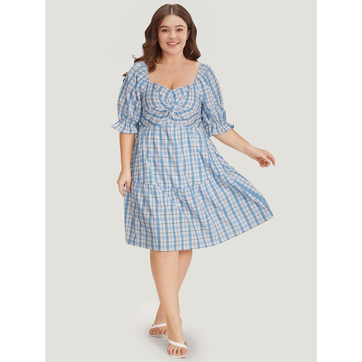 Plus Size Twist Front Square Neck Ruffle Layered Hem Bell Sleeve Dress LightBlue Women Elegant Square Neck Short sleeve Curvy Knee Dress BloomChic 18-20/2X Product Image