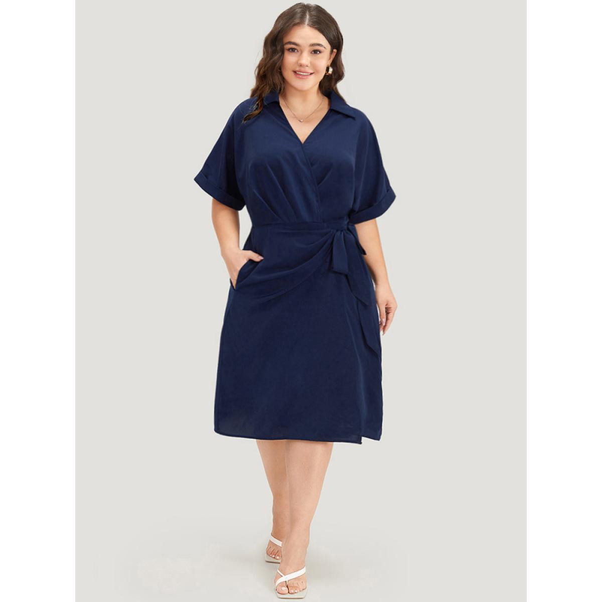 Plus Size Shirt Collar Split Hem Wrap Pocket Knot Gathered Dress DarkBlue Women Elegant Wrap Shirt collar Half Sleeve Curvy Midi Dress BloomChic 10/M Product Image