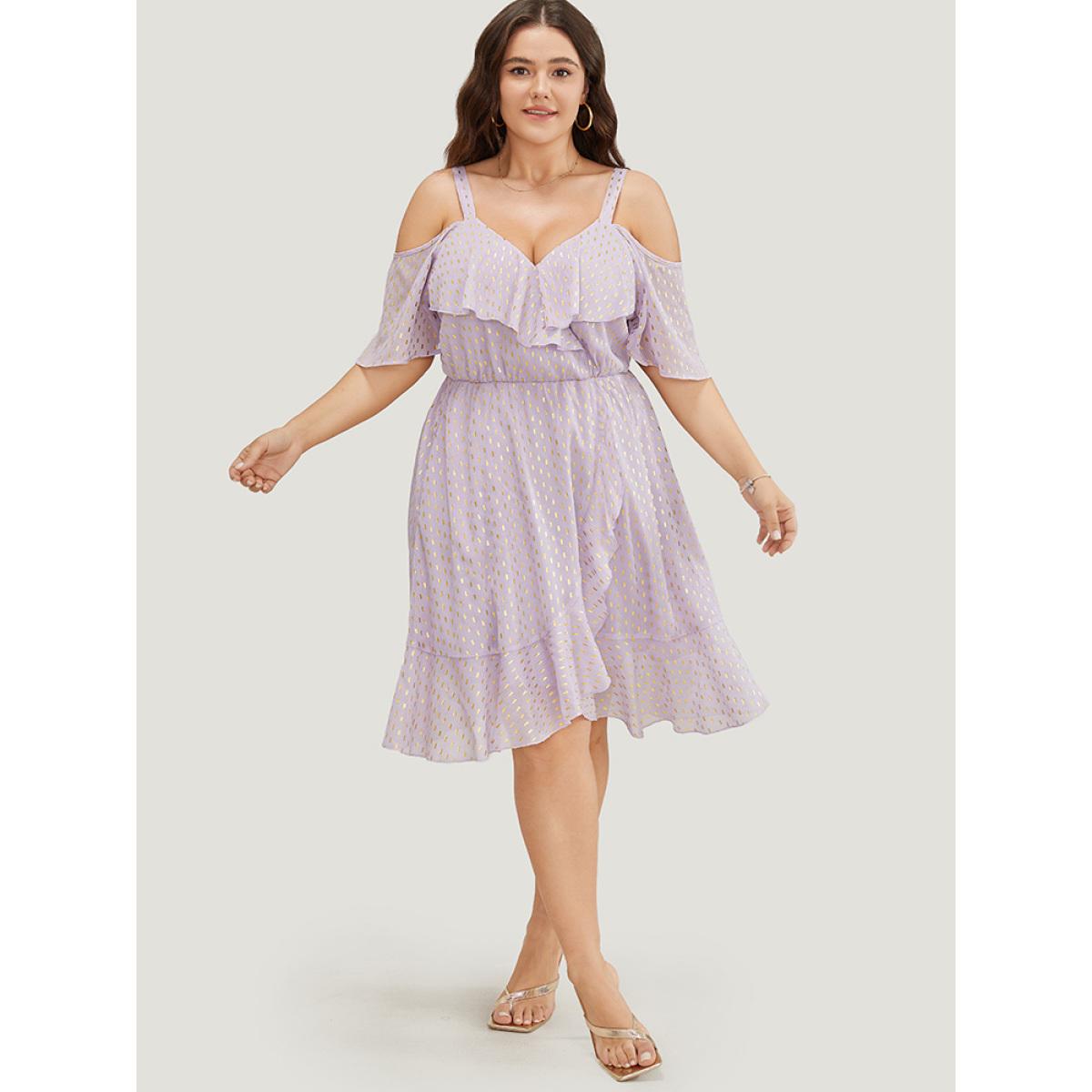 Plus Size Geometric Ruffle Trim Cold Shoulder Pocket Wrap Asymmetrical Dress Lilac Women Party Lined Cold Shoulder Short sleeve Curvy Knee Dress BloomChic 12/L Product Image
