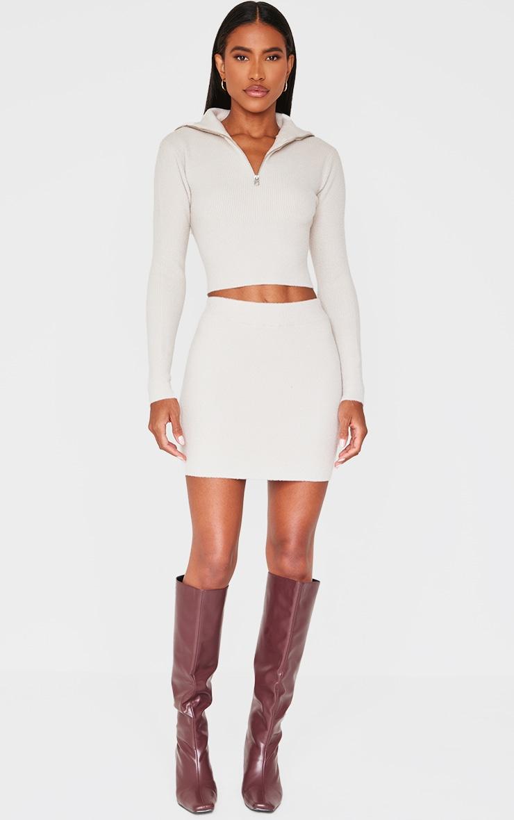 Slate Grey Soft Knit Zip Up Roll Neck Cropped Sweater Product Image