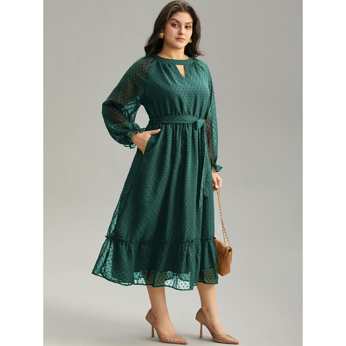 Plus Size Chiffon Texture Belted Mesh Keyhole Frill Trim Dress Cyan Women Office Texture Keyhole Cut-Out Long Sleeve Curvy Midi Dress BloomChic 30/6X Product Image