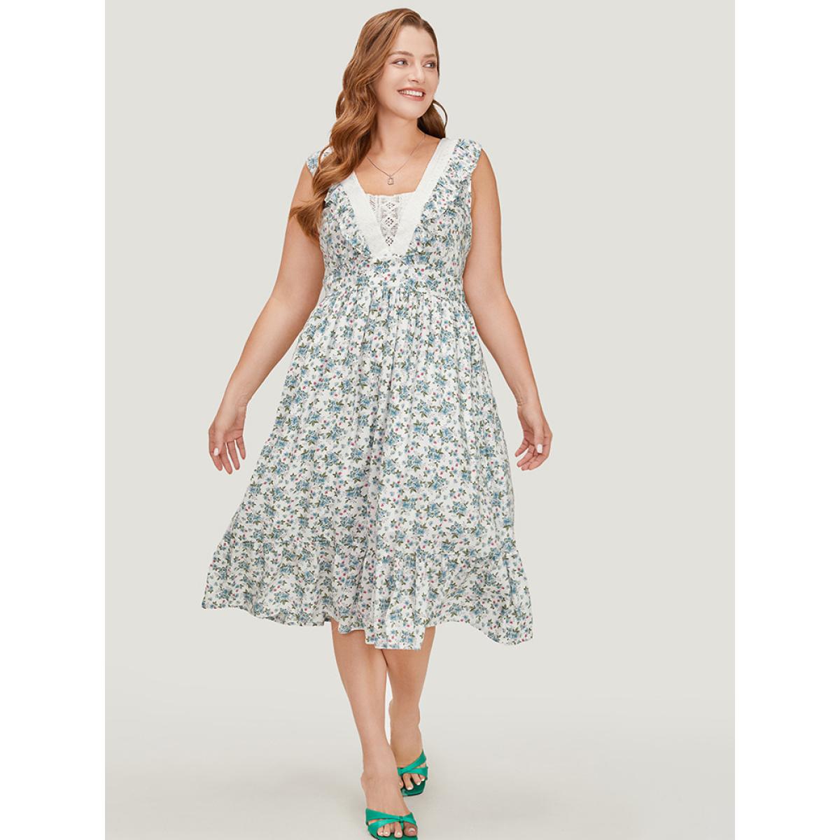 Plus Size Ditsy Floral Ruffles Pocket Empire Waist Crochet Lace Tank Dress WhiteSmoke Women Elegant Gathered V-neck Sleeveless Curvy Midi Dress BloomChic 14-16/1X Product Image