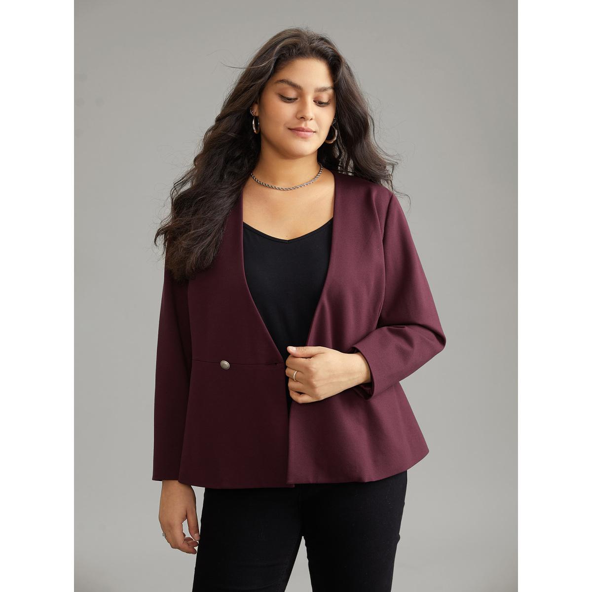 Plus Size Plain Deep V Neck Buckle Detail Blazer Burgundy Women Office Plain Sleeve Long Sleeve Deep V-neck 12/L Office Blazers BloomChic Product Image