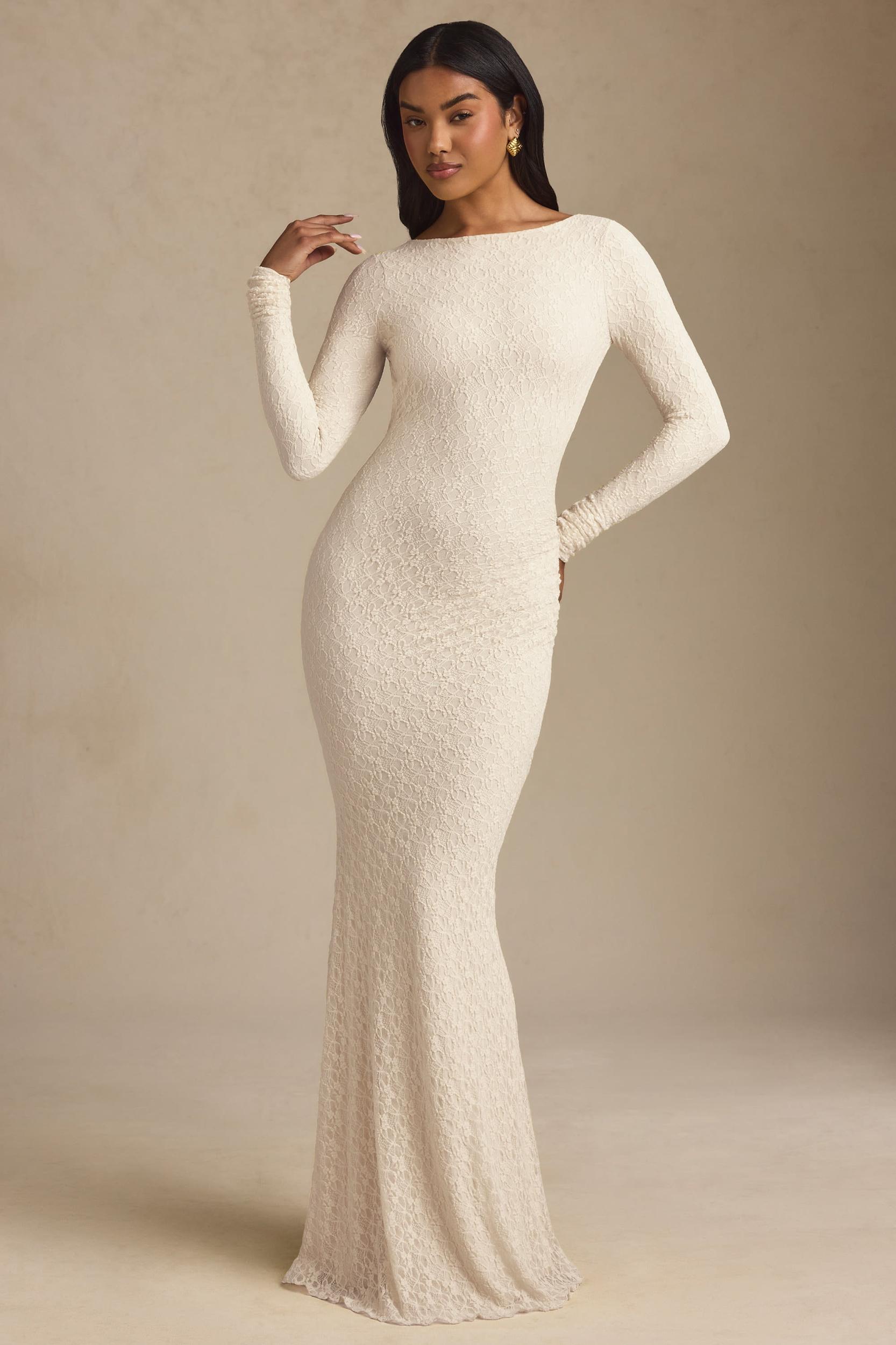 Ruched Backless Lace Maxi Dress in Ivory Product Image