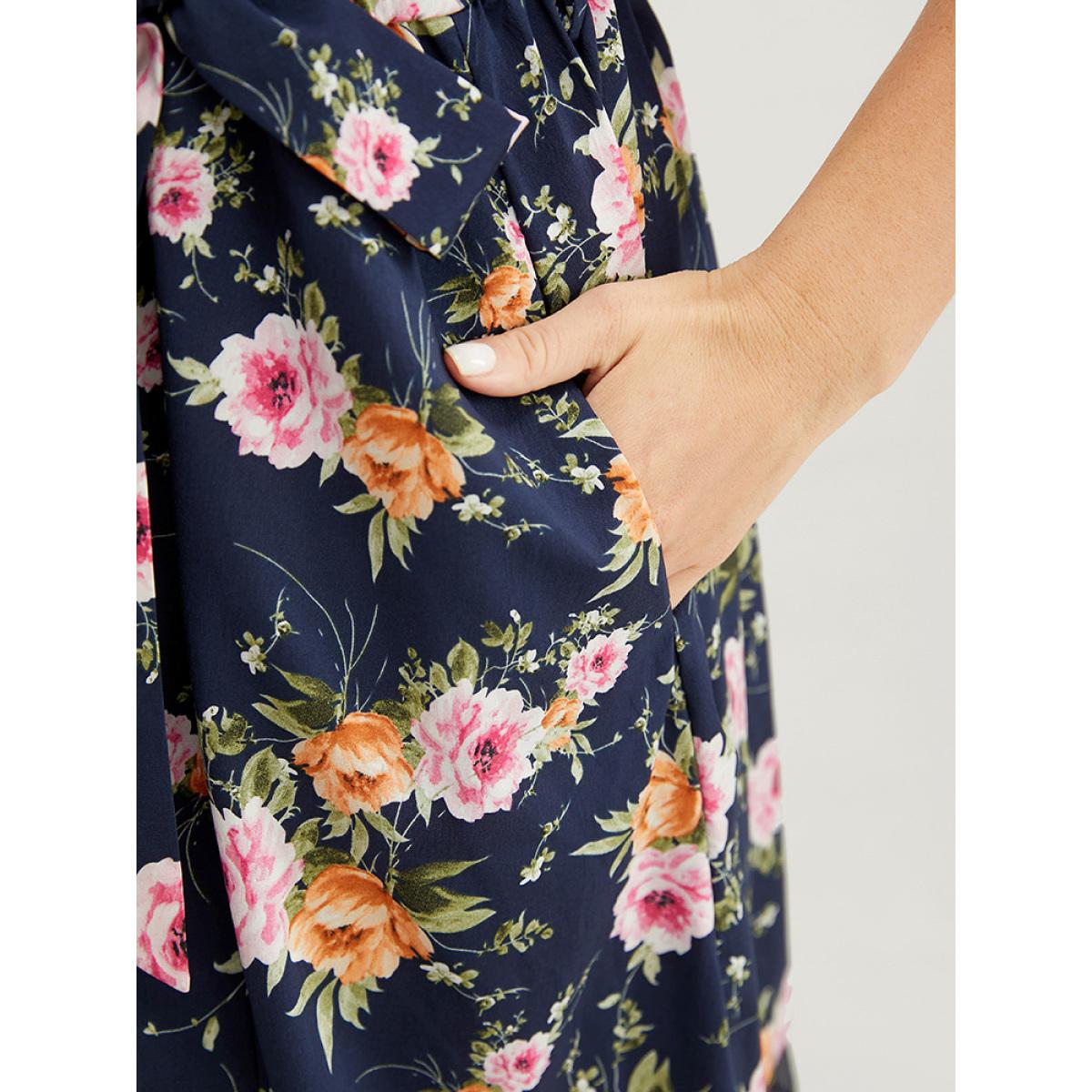 Plus Size Floral Pocket Belted Mesh Insert Flutter Hem Tank Dress Multicolor Women Elegant Belted Round Neck Sleeveless Curvy Knee Dress BloomChic 28/5X Product Image