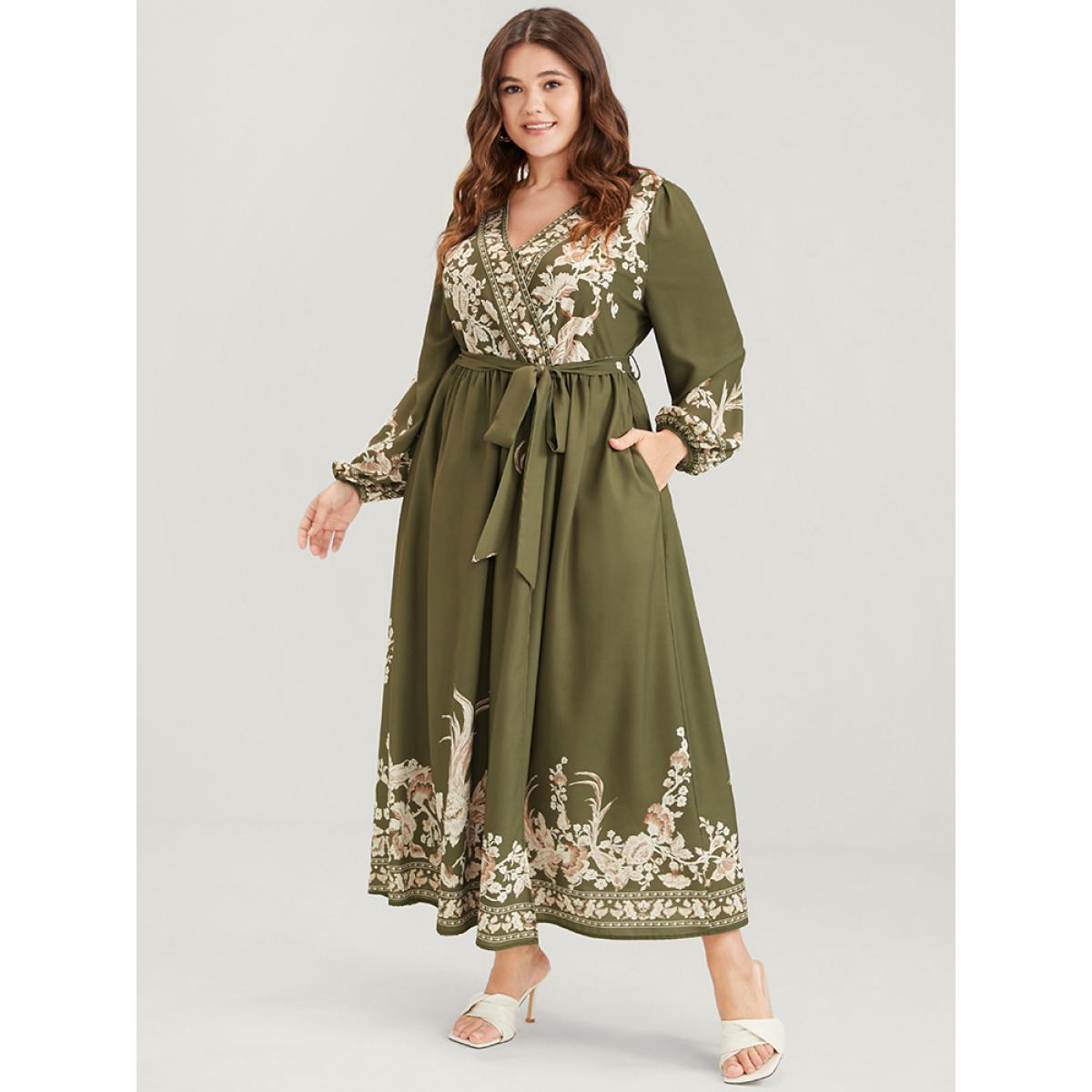 Plus Size Floral Button Split Lantern Sleeve Belted Pocket Wrap Dress ArmyGreen Women Vacation Embroidered V-neck Long Sleeve Curvy Long Dress BloomChic 12/L Product Image