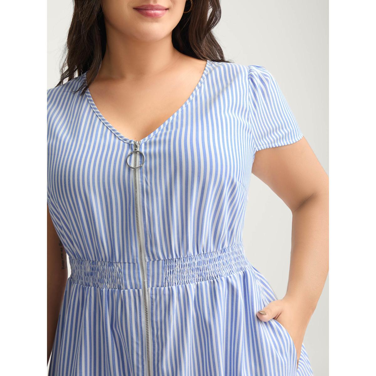 Plus Size Striped Zipper Front Shirred Waist Midi Dress LightBlue Women Shirred V-neck Cap Sleeve Curvy BloomChic 14-16/1X Product Image