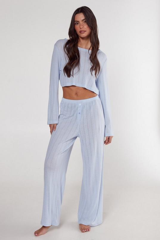 Pointelle Long Sleeve Cropped Top And Trouser Pajama Set Product Image