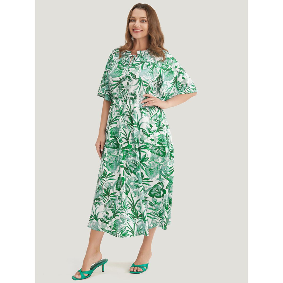 Plus Size Plant Print Pocket Keyhole Tie Neck Frill Trim Flutter Dress Green Women Vacation V-neck Half Sleeve Curvy Midi Dress BloomChic 10/M Product Image
