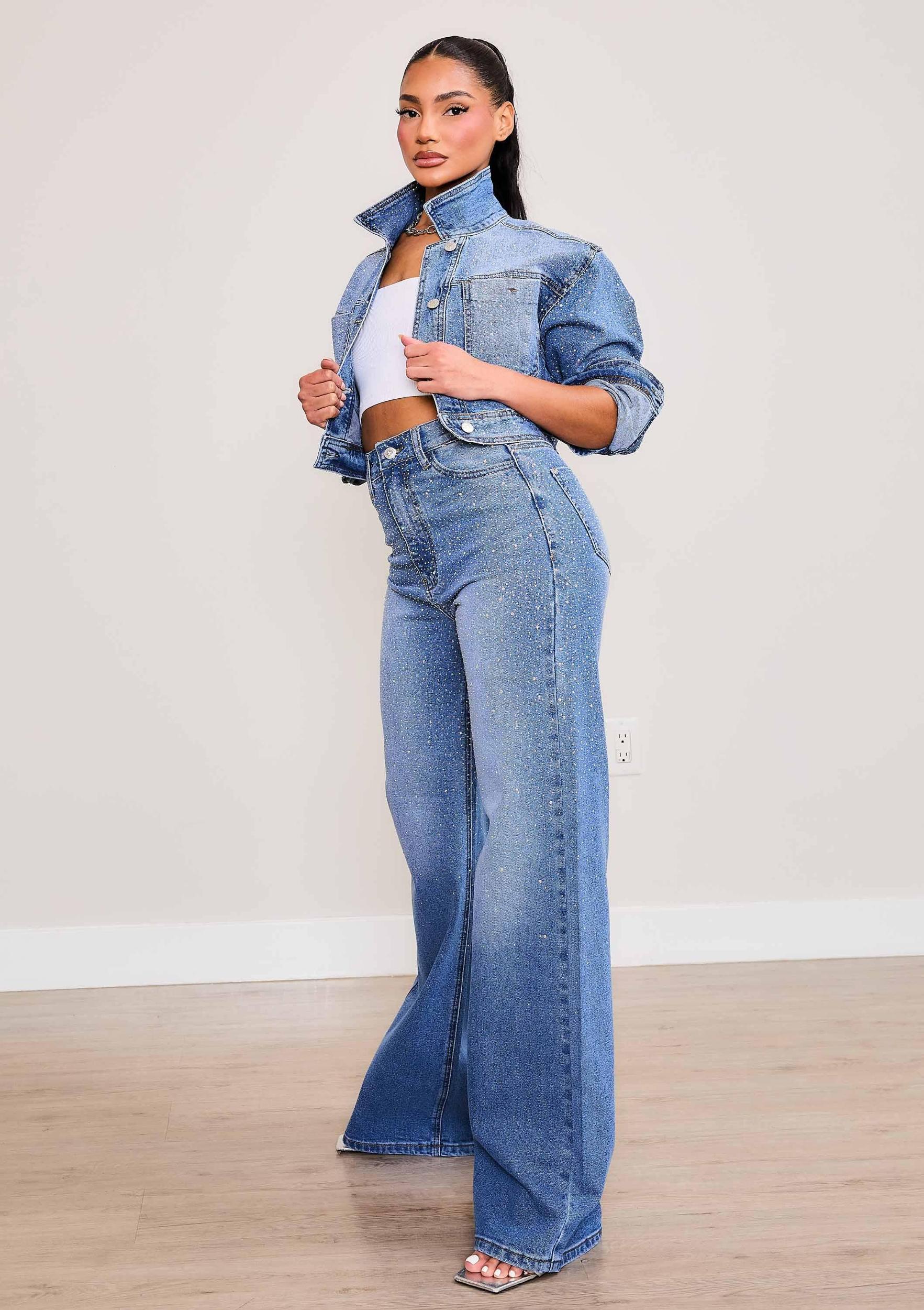 Iridescent Rhinestone High-Rise Wide Leg Jeans Product Image