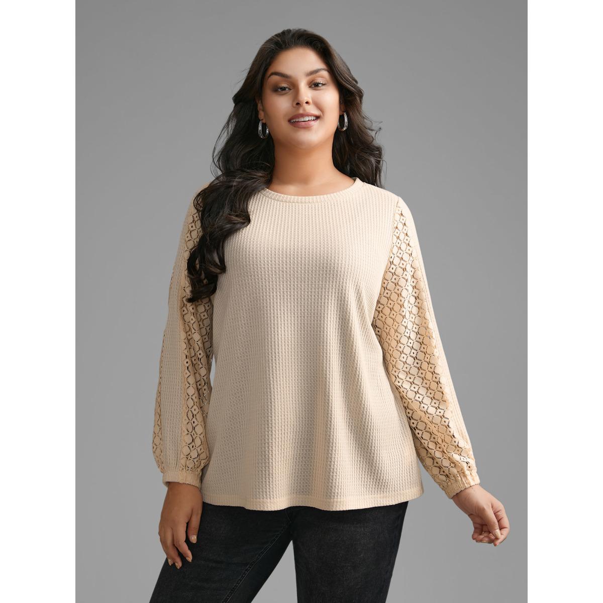 Plus Size Textured Patchwork Lace Panel T-shirt Champagne Women Casual Texture Non Everyday T-shirts BloomChic 10/M Product Image
