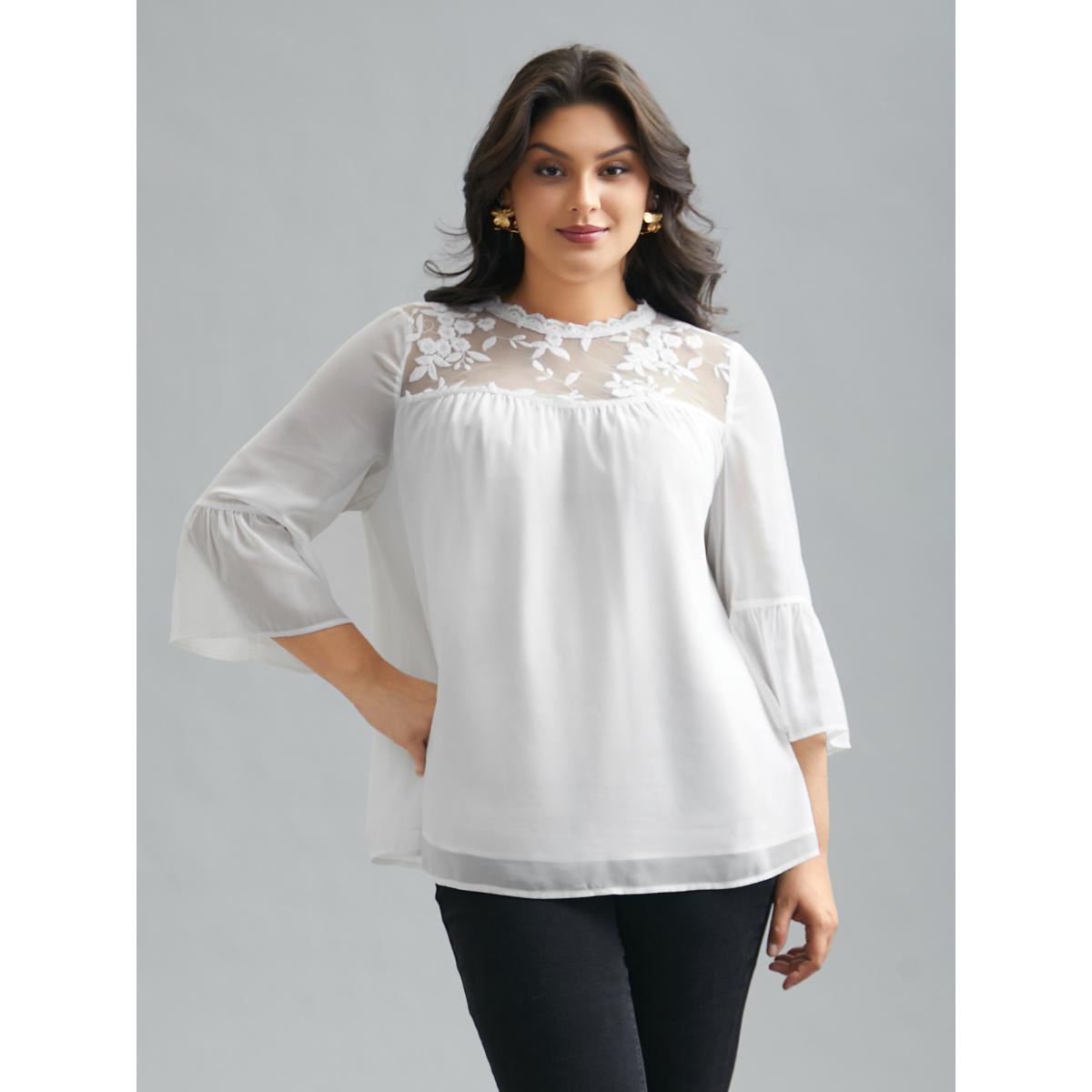 Plus Size Opticwhite Dreamy Lace Neck Flared Sleeve Chiffon Blouse Women Elegant Elbow-length sleeve Stand-up collar Everyday Blouses BloomChic 30/6X Product Image