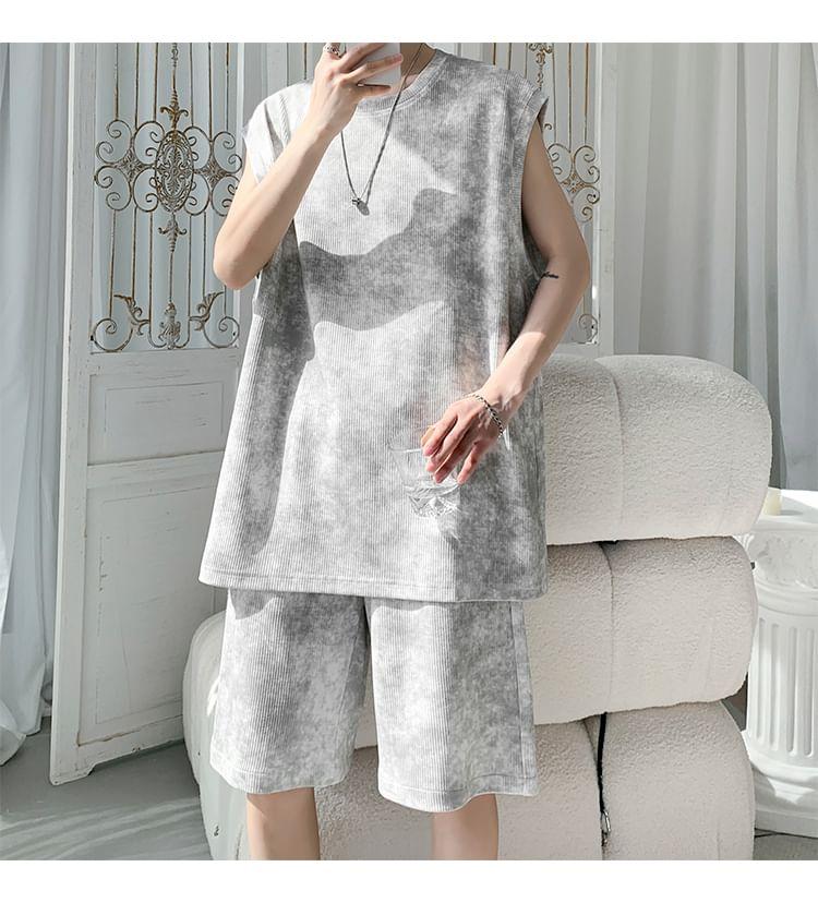 Set: Crew Neck Tie-Dye Tank Top + Drawstring Waist Sweat Shorts Product Image