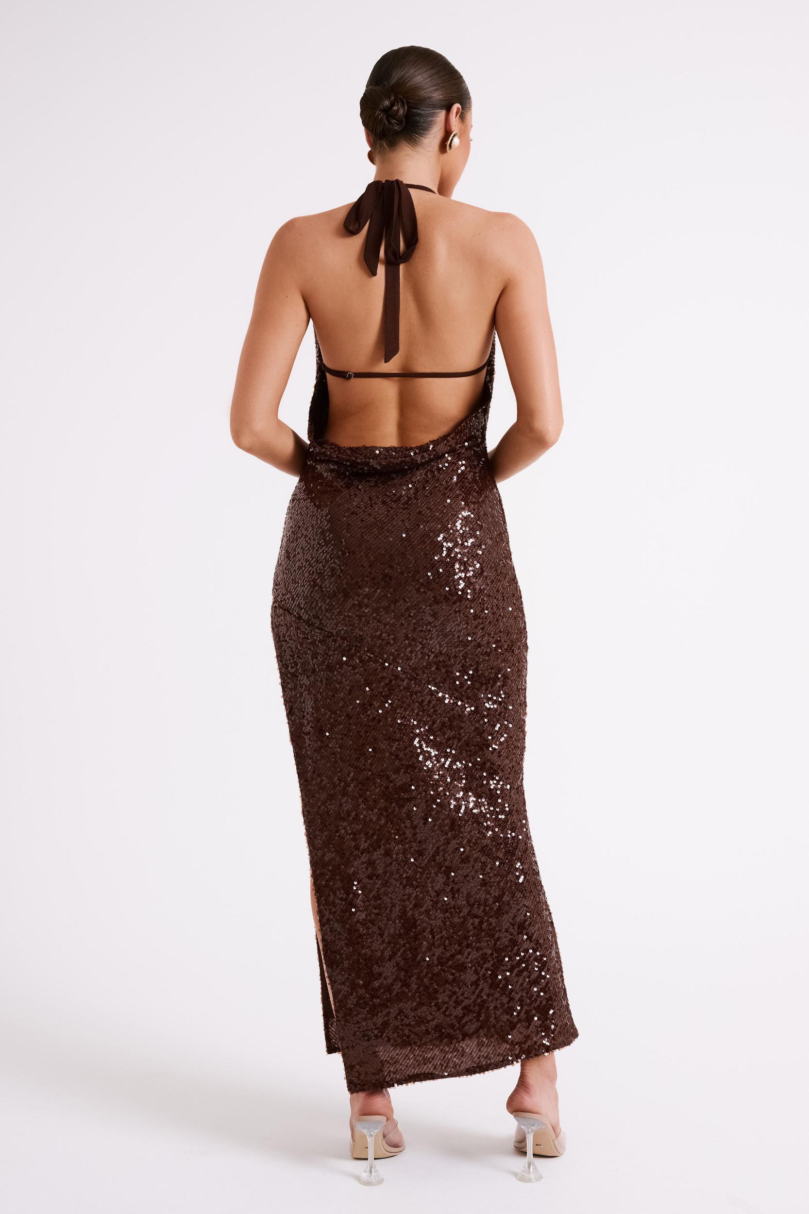 Blakely Halter Sequin Maxi Dress - Dark Chocolate Product Image