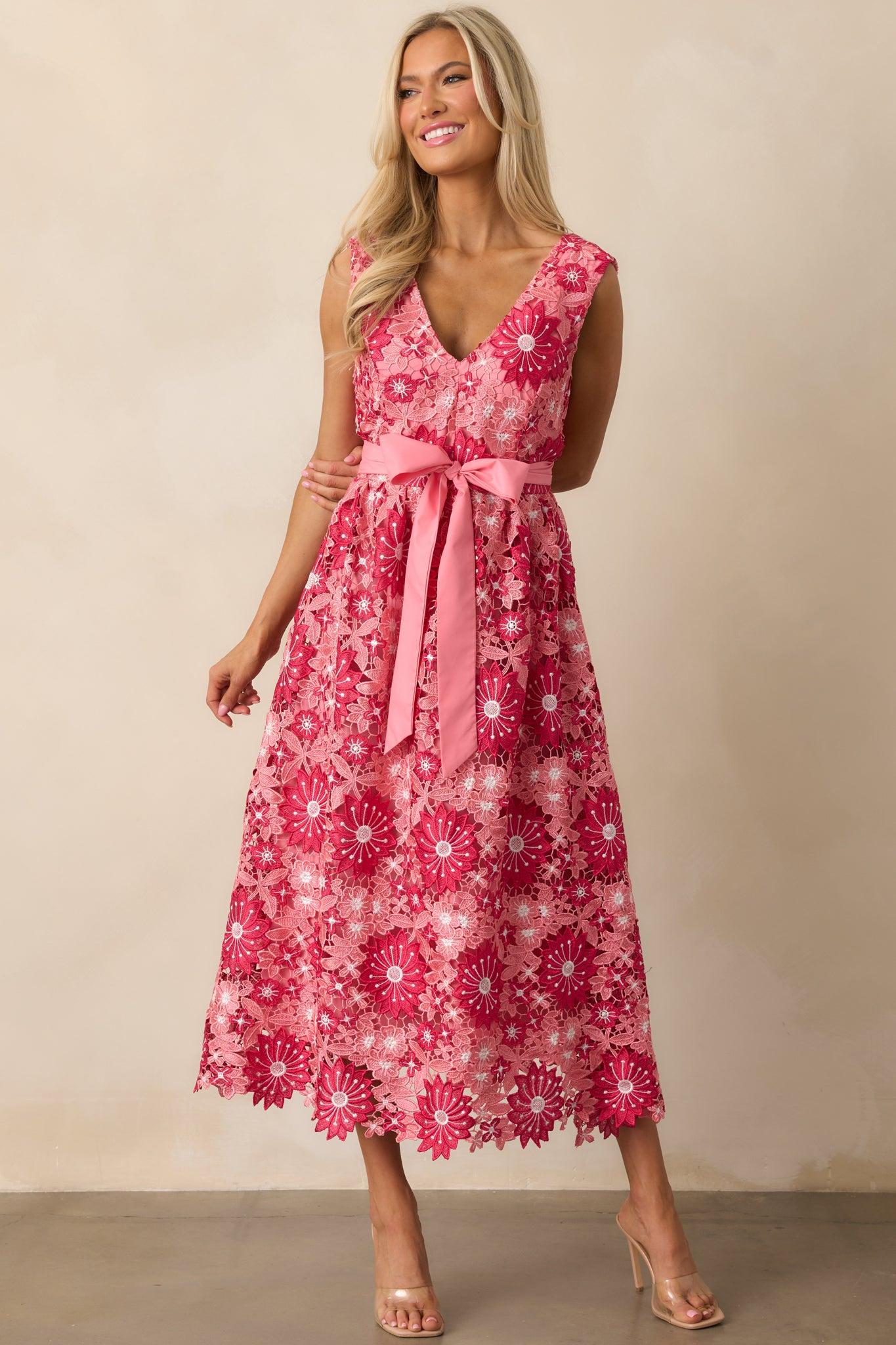 First Dance Pink Floral Embroidered Midi Dress Product Image