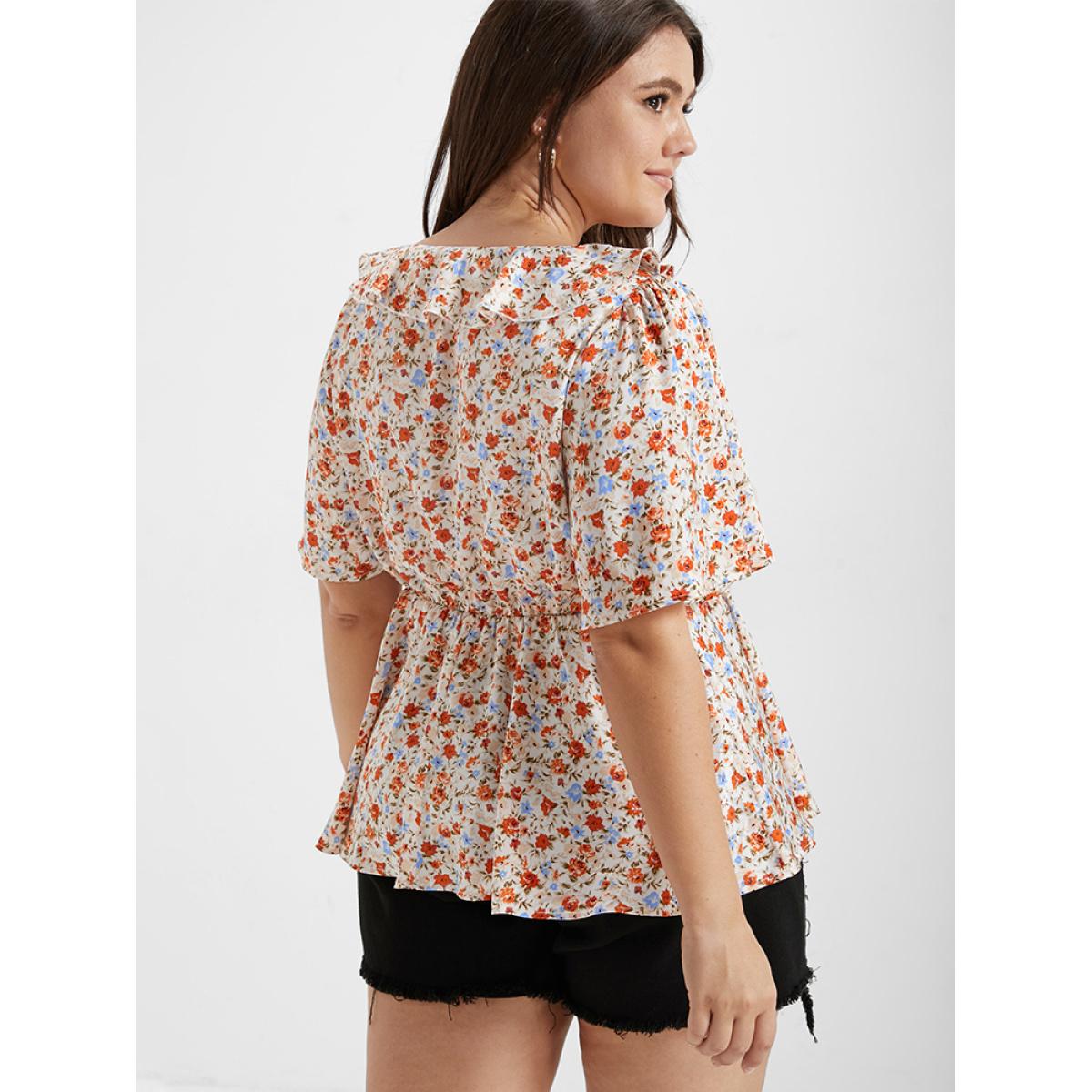 Plus Size Orange Ditsy Floral V Neck Ruffle Tie Front Blouse Women Casual Short sleeve V-neck Dailywear Blouses BloomChic 16/1X Product Image