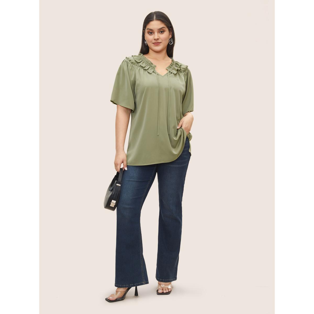 Plus Size Sage Plain Frill Trim Gathered Ruffle Sleeve Blouse Women At the Office Short sleeve V-neck Office Blouses BloomChic 22-24/3X Product Image