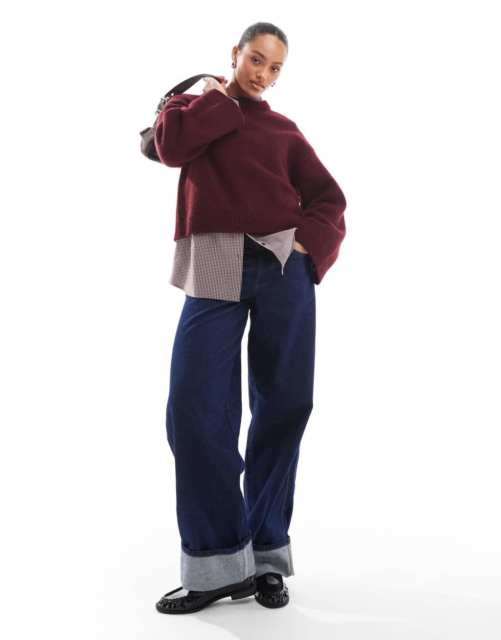 ASOS DESIGN wide sleeve knit sweater in burgundy Product Image